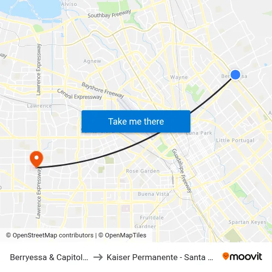 Berryessa & Capitol (E) to Kaiser Permanente - Santa Clara map