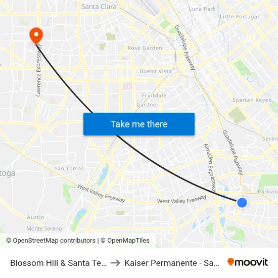 Blossom Hill & Santa Teresa (E) to Kaiser Permanente - Santa Clara map