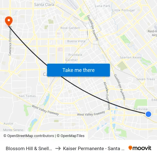 Blossom Hill & Snell (W) to Kaiser Permanente - Santa Clara map