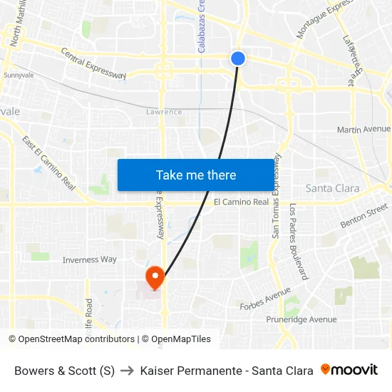Bowers & Scott (S) to Kaiser Permanente - Santa Clara map
