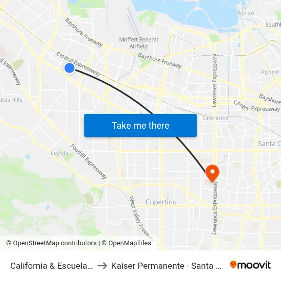 California & Escuela (E) to Kaiser Permanente - Santa Clara map