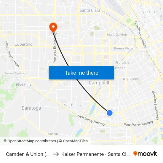 Camden & Union (W) to Kaiser Permanente - Santa Clara map