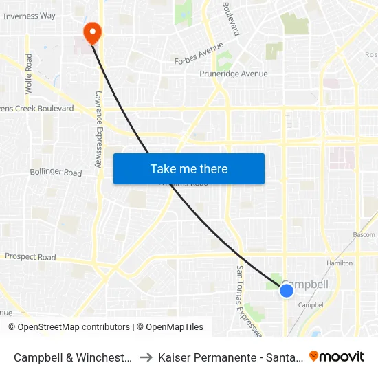 Campbell & Winchester (E) to Kaiser Permanente - Santa Clara map