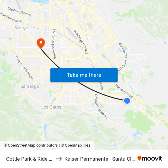 Cottle Park & Ride (N) to Kaiser Permanente - Santa Clara map