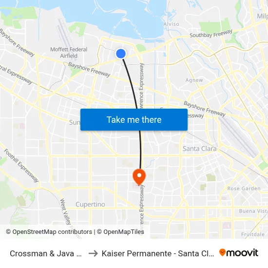 Crossman & Java (N) to Kaiser Permanente - Santa Clara map