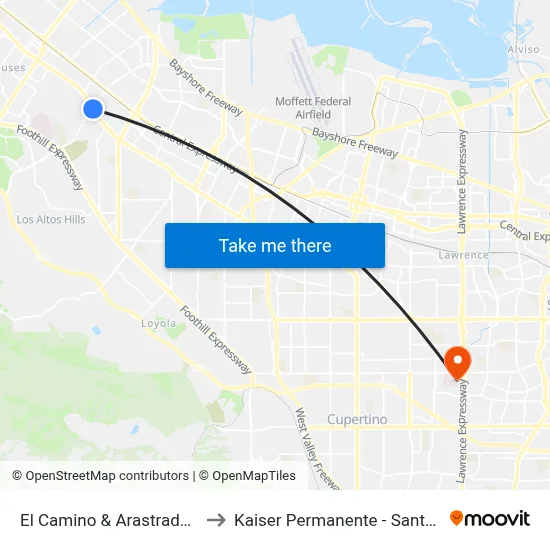 El Camino & Arastradero (E) to Kaiser Permanente - Santa Clara map