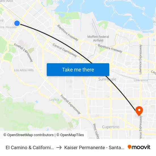 El Camino & California (E) to Kaiser Permanente - Santa Clara map