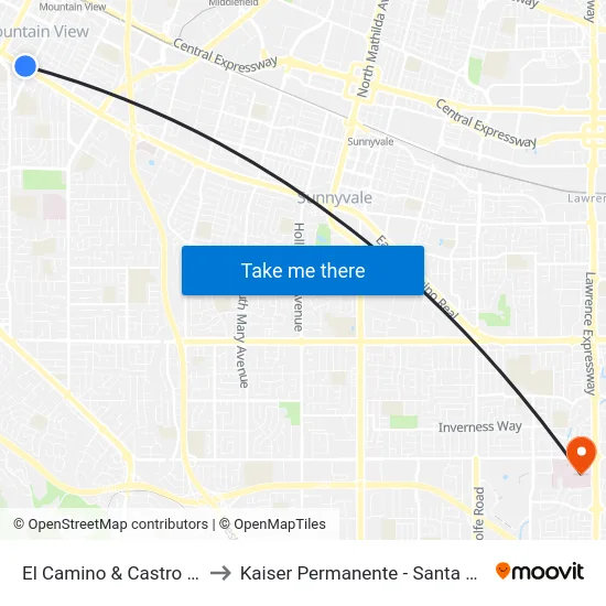 El Camino & Castro (W) to Kaiser Permanente - Santa Clara map