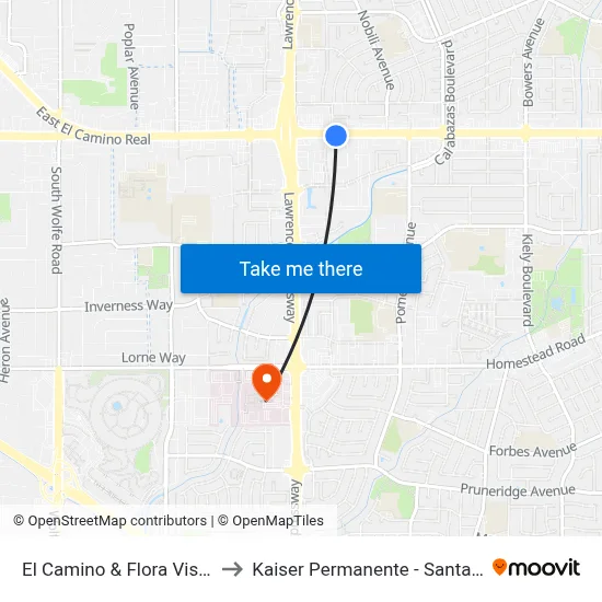 El Camino & Flora Vista (E) to Kaiser Permanente - Santa Clara map