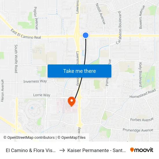 El Camino & Flora Vista (W) to Kaiser Permanente - Santa Clara map