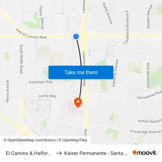 El Camino & Halford (E) to Kaiser Permanente - Santa Clara map