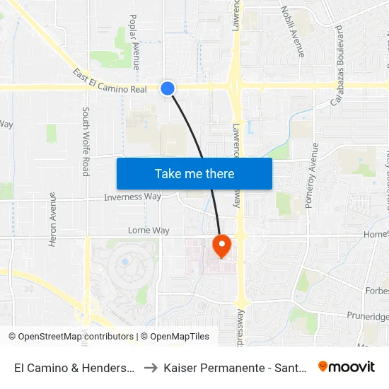 El Camino & Henderson (E) to Kaiser Permanente - Santa Clara map