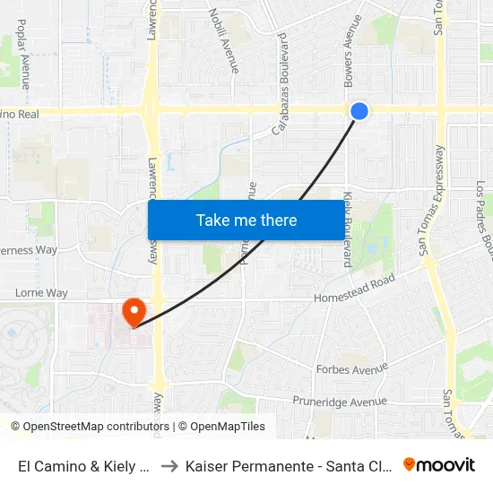 El Camino & Kiely (E) to Kaiser Permanente - Santa Clara map