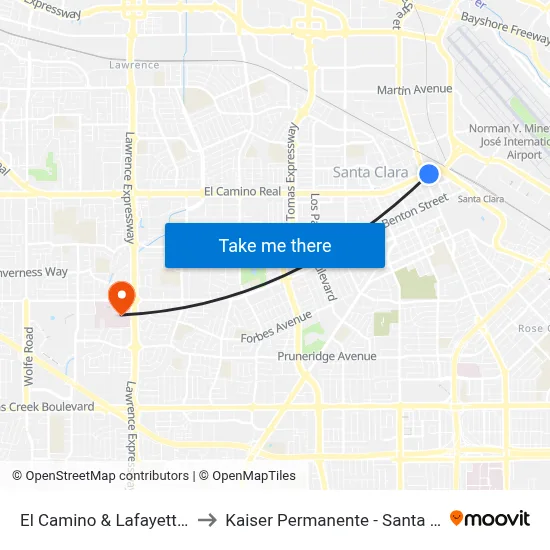 El Camino & Lafayette (E) to Kaiser Permanente - Santa Clara map