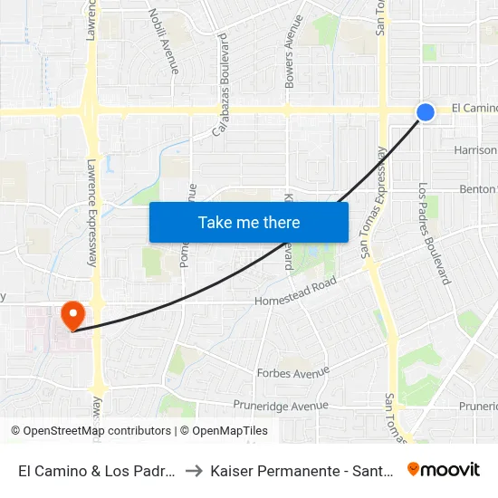El Camino & Los Padres (E) to Kaiser Permanente - Santa Clara map