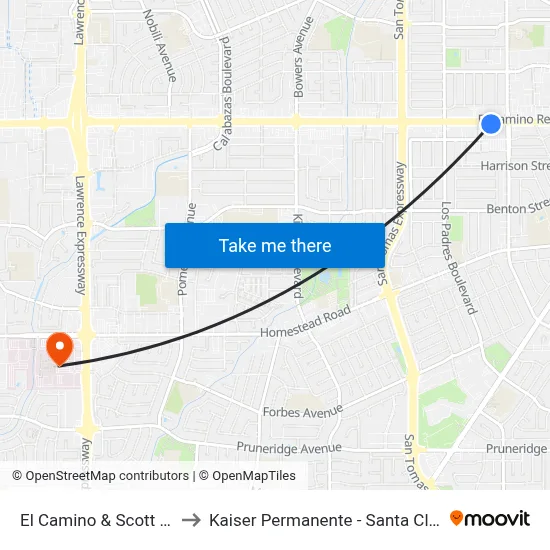 El Camino & Scott (E) to Kaiser Permanente - Santa Clara map