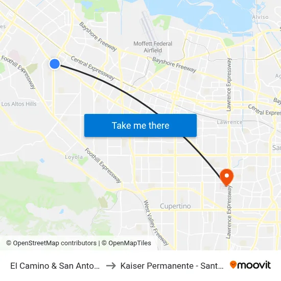 El Camino & San Antonio (E) to Kaiser Permanente - Santa Clara map