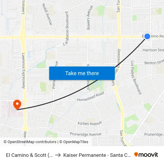 El Camino & Scott (W) to Kaiser Permanente - Santa Clara map