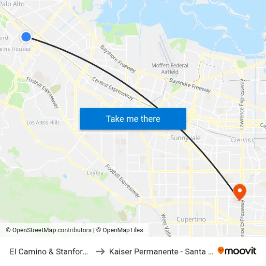 El Camino & Stanford (W) to Kaiser Permanente - Santa Clara map