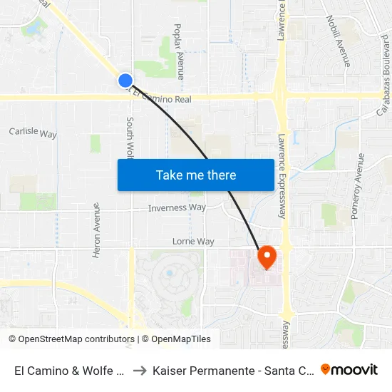 El Camino & Wolfe (W) to Kaiser Permanente - Santa Clara map