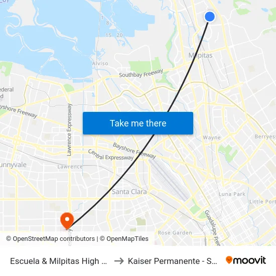 Escuela & Milpitas High School (S) to Kaiser Permanente - Santa Clara map