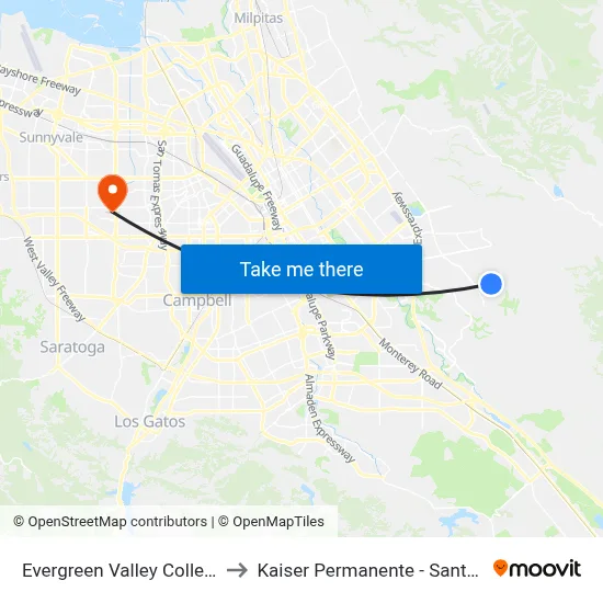 Evergreen Valley College (S) to Kaiser Permanente - Santa Clara map