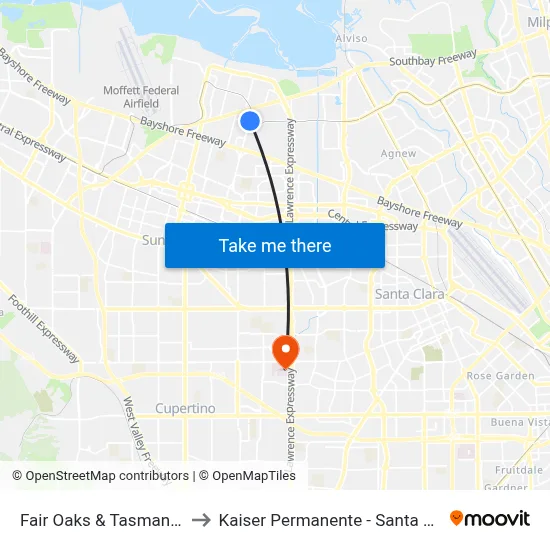 Fair Oaks & Tasman (N) to Kaiser Permanente - Santa Clara map