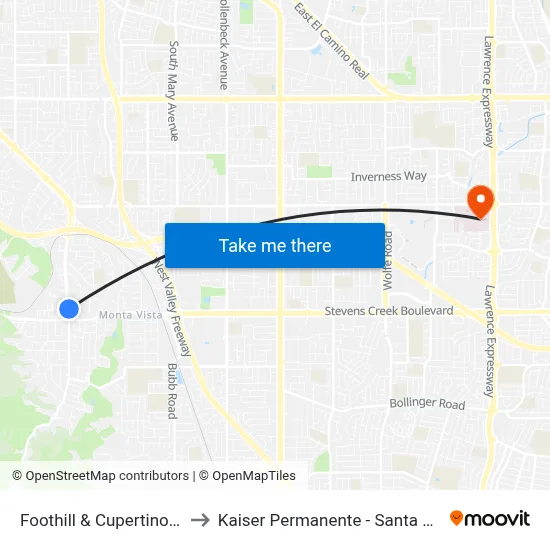 Foothill & Cupertino (N) to Kaiser Permanente - Santa Clara map