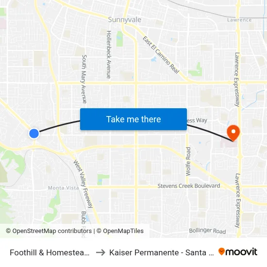 Foothill & Homestead (N) to Kaiser Permanente - Santa Clara map
