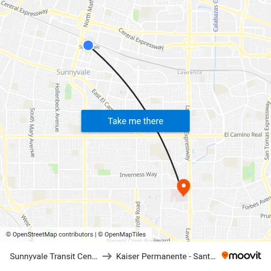 Sunnyvale Transit Center (S) to Kaiser Permanente - Santa Clara map