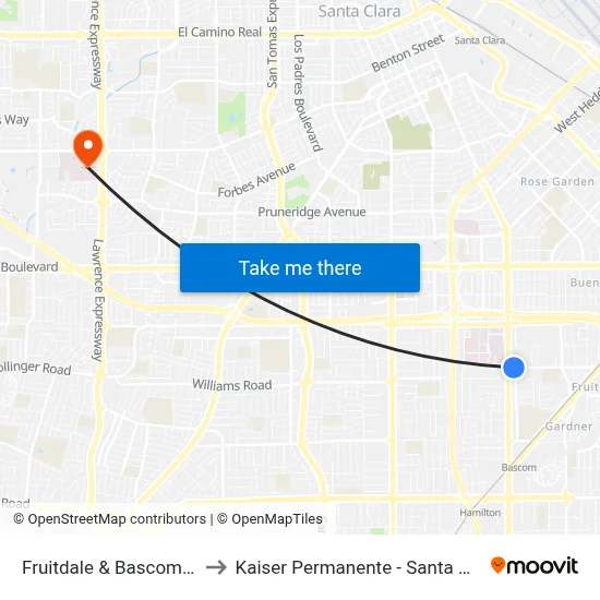 Fruitdale & Bascom (E) to Kaiser Permanente - Santa Clara map