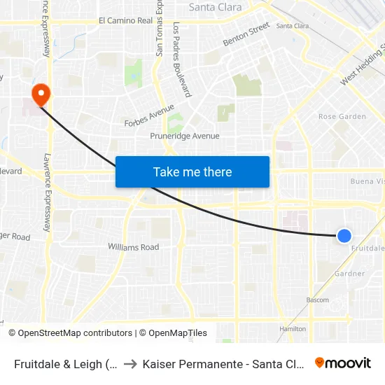 Fruitdale & Leigh (E) to Kaiser Permanente - Santa Clara map