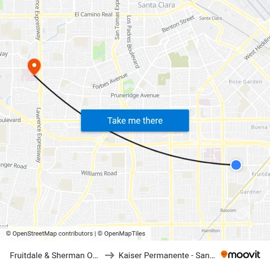 Fruitdale & Sherman Oaks (W) to Kaiser Permanente - Santa Clara map
