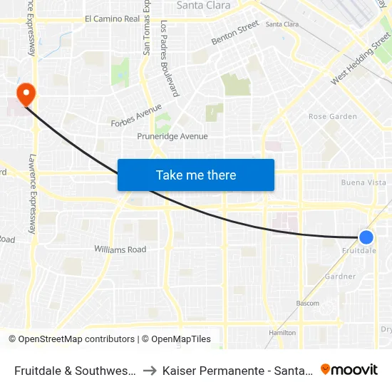 Fruitdale & Southwest (W) to Kaiser Permanente - Santa Clara map