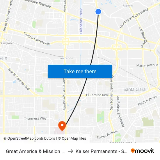 Great America & Mission College (S) to Kaiser Permanente - Santa Clara map