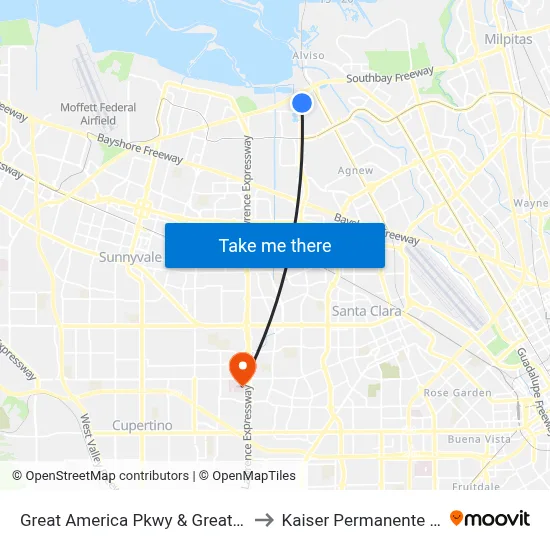 Great America Pkwy & Great America Way (N) to Kaiser Permanente - Santa Clara map