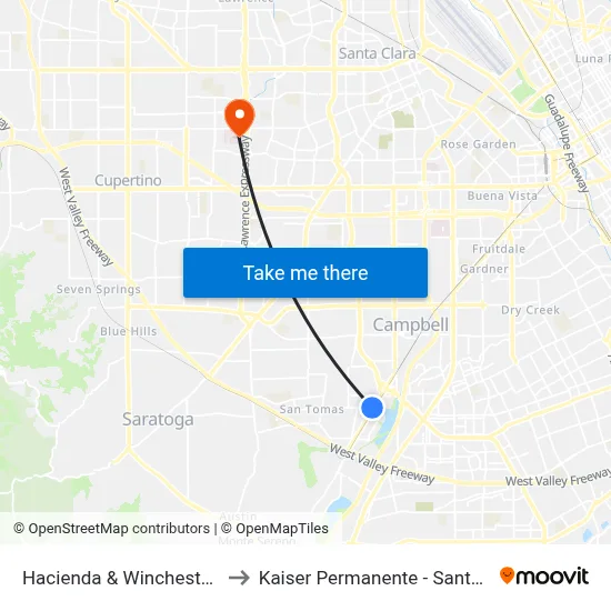 Hacienda & Winchester (W) to Kaiser Permanente - Santa Clara map