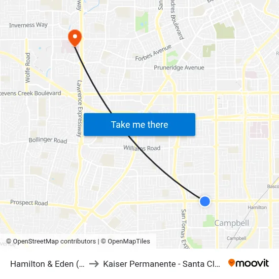 Hamilton & Eden (E) to Kaiser Permanente - Santa Clara map