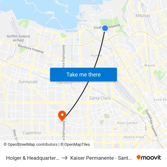 Holger & Headquarters (W) to Kaiser Permanente - Santa Clara map