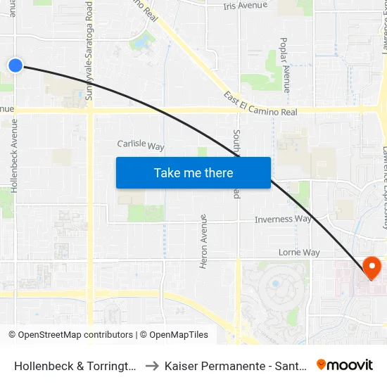 Hollenbeck & Torrington (N) to Kaiser Permanente - Santa Clara map