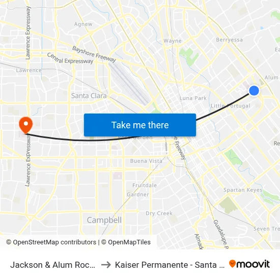 Jackson & Alum Rock (N) to Kaiser Permanente - Santa Clara map
