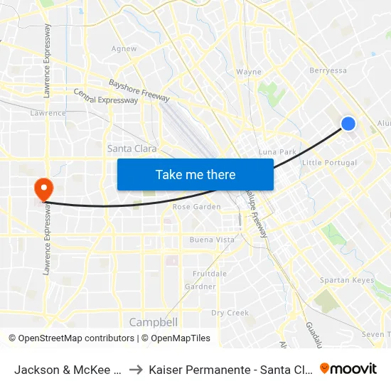 Jackson & McKee (S) to Kaiser Permanente - Santa Clara map