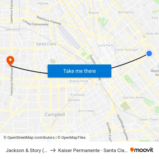 Jackson & Story (S) to Kaiser Permanente - Santa Clara map