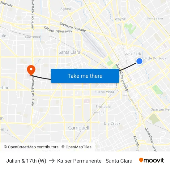 Julian & 17th (W) to Kaiser Permanente - Santa Clara map