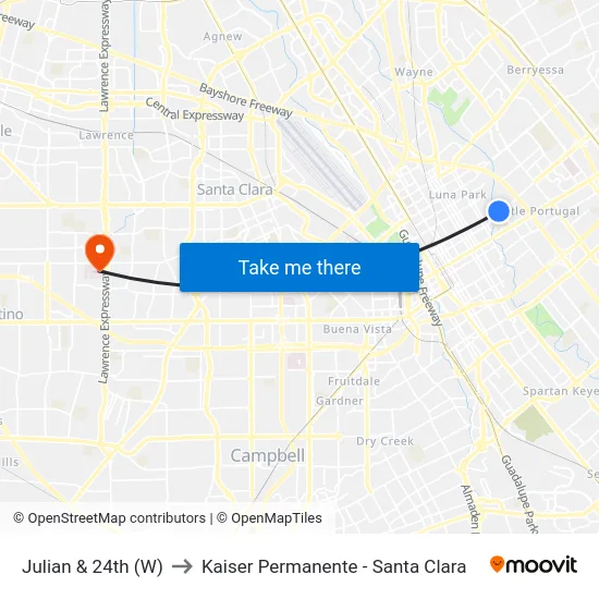 Julian & 24th (W) to Kaiser Permanente - Santa Clara map