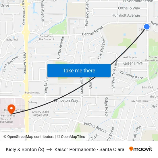 Kiely & Benton (S) to Kaiser Permanente - Santa Clara map
