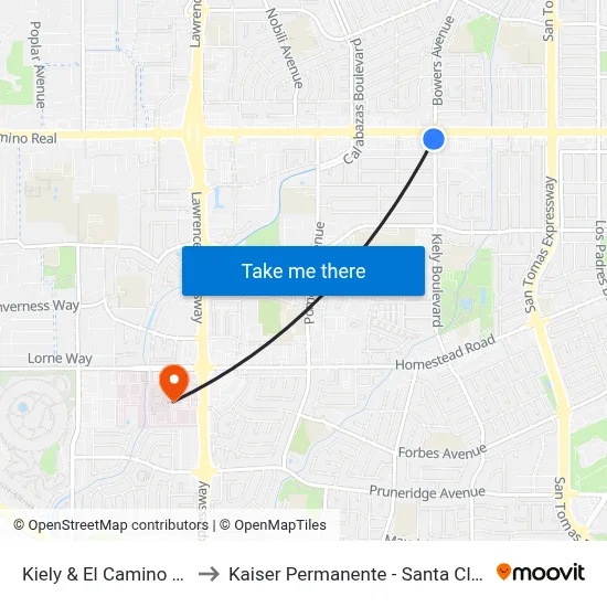 Kiely & El Camino (S) to Kaiser Permanente - Santa Clara map
