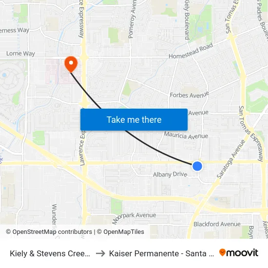 Kiely & Stevens Creek (S) to Kaiser Permanente - Santa Clara map