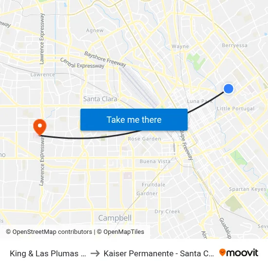King & Las Plumas (S) to Kaiser Permanente - Santa Clara map