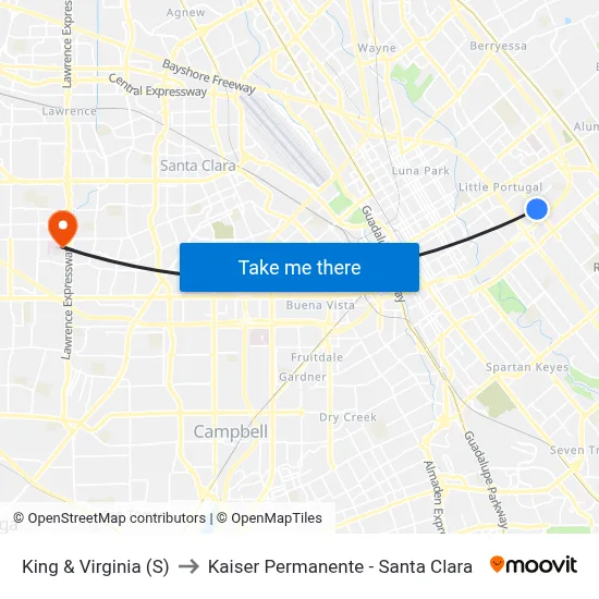 King & Virginia (S) to Kaiser Permanente - Santa Clara map